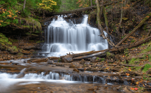A serene waterfall cascades over rocks, surrounded by lush greenery and autumn leaves.