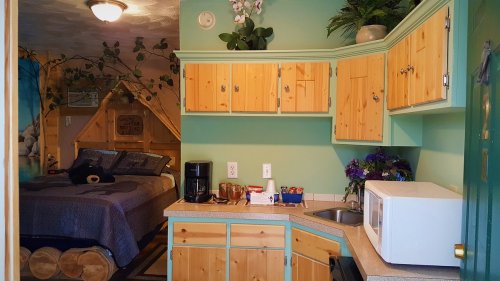 Cozy kitchen area with wooden cabinets, a microwave, and a coffee maker, leading to a bedroom with green walls and plants.