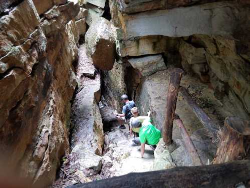 Three people navigate a rocky staircase in a narrow canyon, surrounded by large stone walls and greenery.