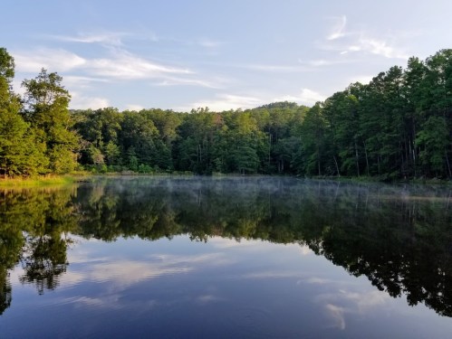 A serene lake surrounded by lush green trees, reflecting the sky and mist in the early morning light.