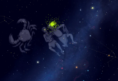 Two figures float in space, surrounded by stars and a large crab constellation, with green sparks above their heads.