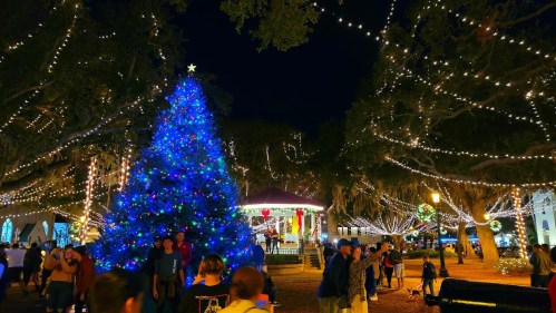 A festive scene with a large blue Christmas tree, twinkling lights, and people enjoying a holiday celebration at night.