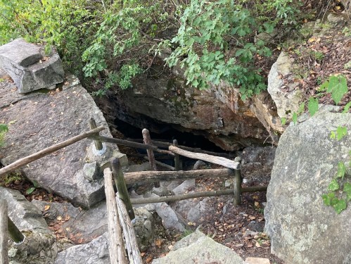 A rocky entrance to a cave, surrounded by greenery and wooden railings leading down into the darkness.