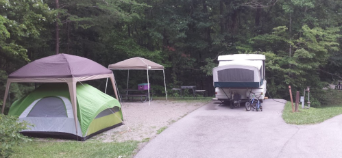 A campsite featuring a green tent, a canopy, a camper, and a picnic table surrounded by trees.
