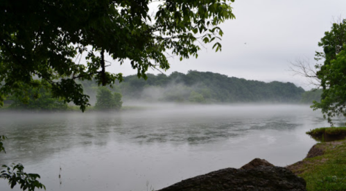 A serene river scene shrouded in mist, surrounded by lush greenery and distant hills under a cloudy sky.