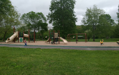 A playground with slides and swings, surrounded by trees, with two children playing on a cloudy day.
