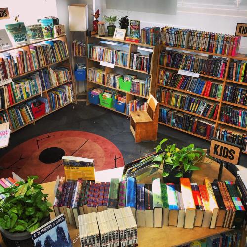 A cozy library corner with bookshelves, a reading area, and plants, inviting children to explore and read.