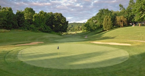 A serene golf course scene featuring a green with a flag, surrounded by trees and a cloudy sky.