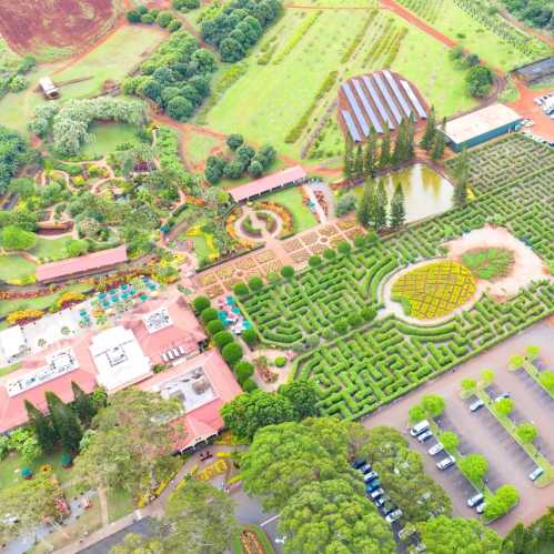 Aerial view of a lush garden with intricate pathways, vibrant flower beds, and a large maze surrounded by greenery.