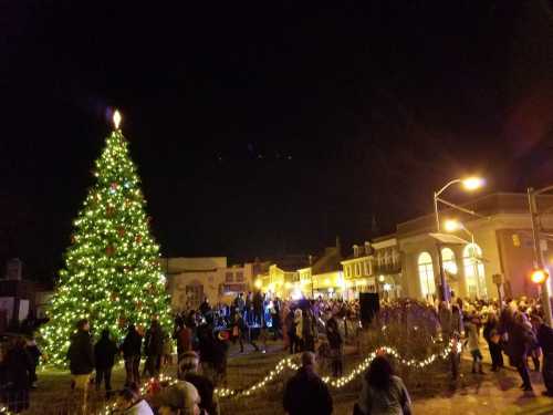 A festive scene at night with a large decorated Christmas tree and a crowd gathered for a holiday celebration.