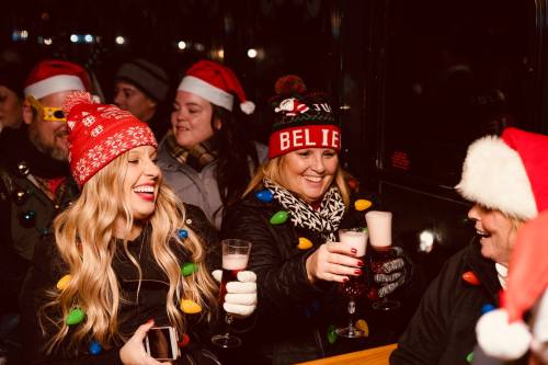 A group of people in festive hats celebrate with drinks, smiling and enjoying a holiday gathering.