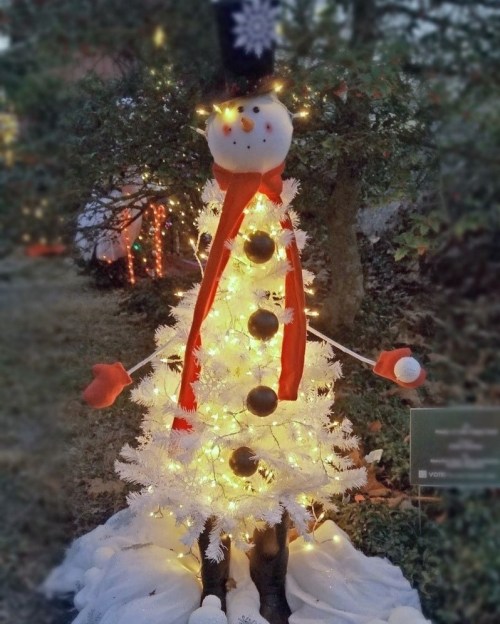 A snowman-shaped Christmas tree decorated with lights, a top hat, and orange gloves, surrounded by festive greenery.