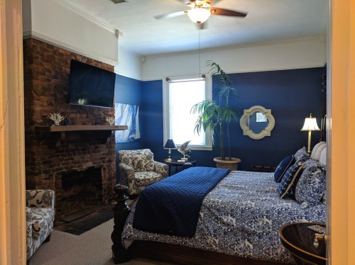 Cozy bedroom with a blue and white color scheme, featuring a fireplace, TV, and decorative plants.