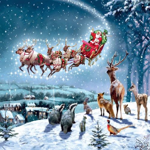 Santa in a sleigh pulled by reindeer flies over a snowy landscape, watched by various animals in a winter scene.