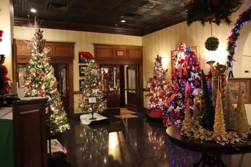 A festive hallway decorated with multiple Christmas trees adorned with lights and ornaments.