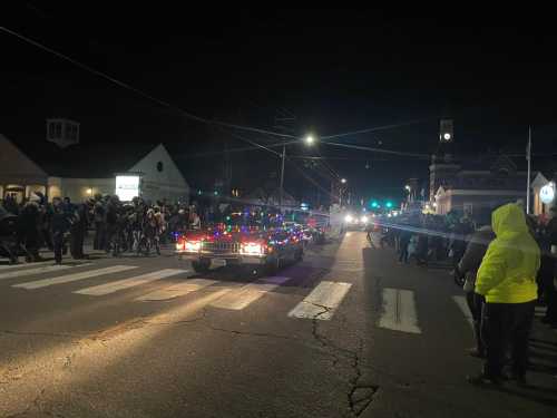 A festive parade at night with a decorated vehicle and a crowd of people watching along the street.