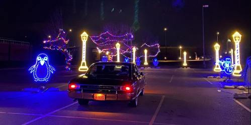 A car drives through a festive display of colorful holiday lights, including penguins and lamp posts, at night.
