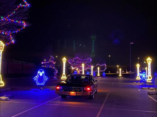 A car drives through a festive display of colorful holiday lights, including penguins and illuminated lampposts.