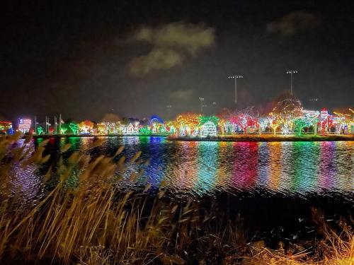 Colorful holiday lights reflect on a calm lake at night, surrounded by trees and grass.