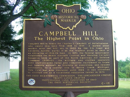 Historical marker for Campbell Hill, Ohio's highest point, detailing its history and significance.