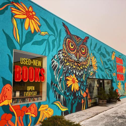 Colorful mural of an owl surrounded by flowers on a bookstore exterior, with signs for used and new books.