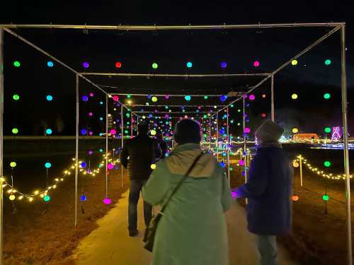 People walking through a colorful, illuminated pathway decorated with vibrant lights and hanging ornaments at night.