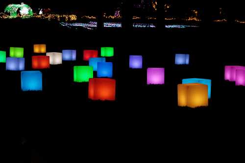 Colorful illuminated cubes in various shades glow against a dark background, creating a festive atmosphere.