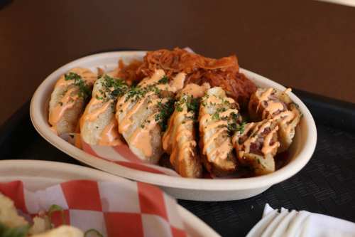 A plate of dumplings drizzled with sauce, garnished with herbs, served with a side of shredded cabbage.