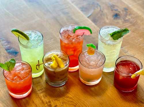 A colorful assortment of eight cocktails with garnishes, arranged on a wooden table.