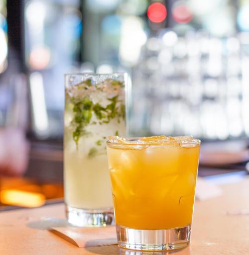 Two cocktails on a bar: a clear drink with mint and a golden drink with ice, blurred background.