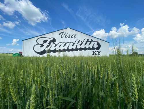 A large barn with "Visit Franklin KY" painted on it, surrounded by tall green wheat under a blue sky with clouds.