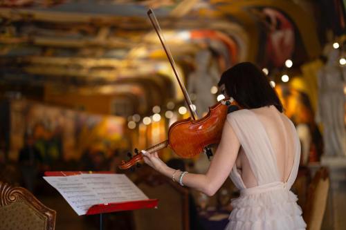 A musician in a backless dress plays a violin in a beautifully decorated venue with colorful murals.