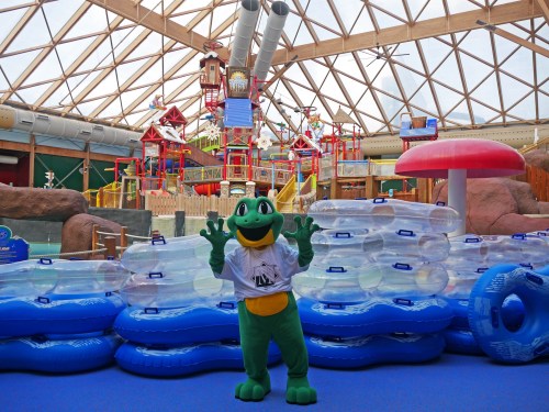 A green frog mascot poses in a water park with inflatable rafts and colorful play structures in the background.