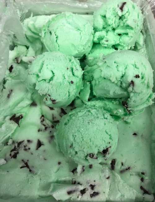A container of mint chocolate chip ice cream with several scoops and chocolate flakes throughout.
