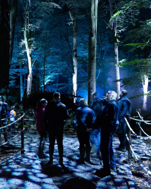 A group of people stands in a forest illuminated by blue lights, surrounded by tall trees and a dark, atmospheric setting.