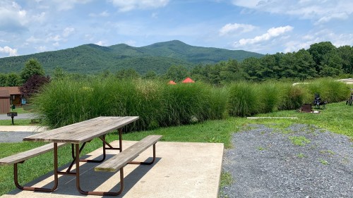A picnic table on a concrete pad, surrounded by tall grass, with mountains and a blue sky in the background.