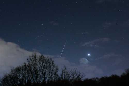 A night sky filled with stars, a bright planet, and a streak of light, possibly a meteor, above silhouetted trees.