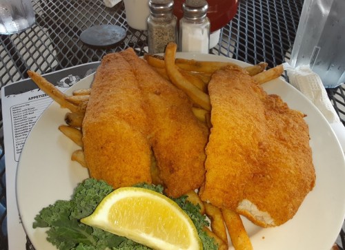 A plate of golden-brown fried fish fillets served with French fries and a lemon wedge, garnished with kale.