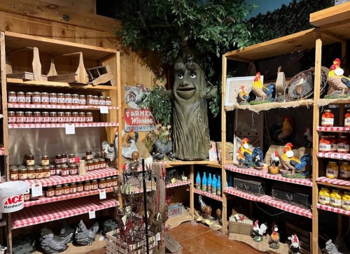 A rustic store display with shelves of jars, decorative chickens, and a tree face statue amidst a cozy, farm-themed setting.