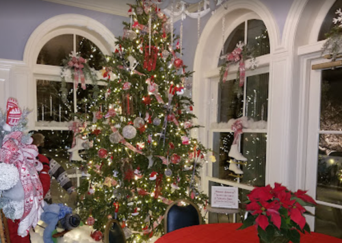 A beautifully decorated Christmas tree with lights and ornaments, surrounded by festive decor in a cozy room.