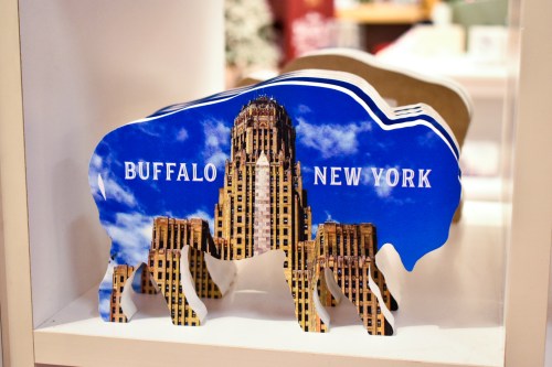 A decorative buffalo silhouette featuring a skyline of Buffalo, New York, with the text "Buffalo New York."