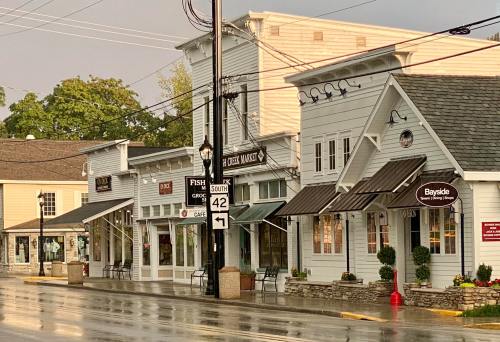 A quiet street scene featuring shops with awnings, wet pavement, and overcast skies.