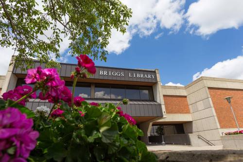 Briggs Library building with pink flowers in the foreground and a blue sky with clouds in the background.