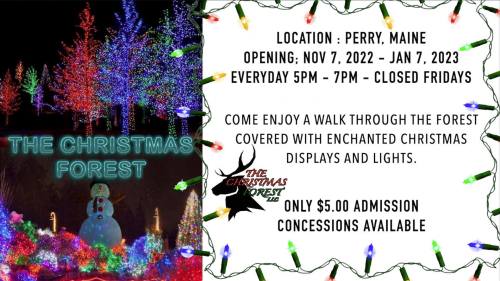 Colorful Christmas lights and decorations in a forest setting, promoting a holiday event in Perry, Maine. $5 admission.