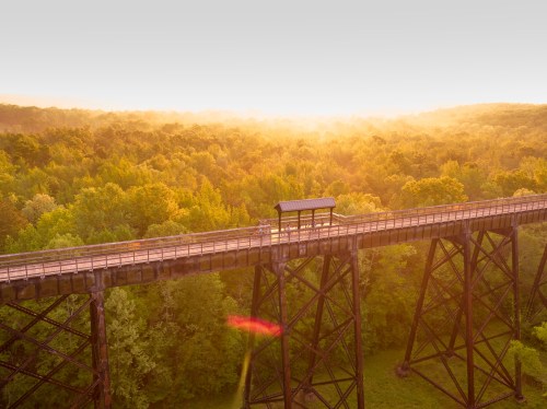 Aerial view of a tall bridge over a forest, bathed in warm sunset light, with mist rising in the background.