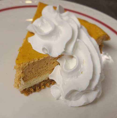 A slice of pumpkin cheesecake topped with a swirl of whipped cream on a white plate with a red rim.