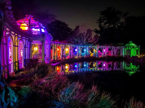 Colorful illuminated structures reflect in a calm pond at night, surrounded by lush greenery.