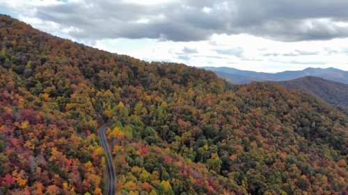 Aerial view of a winding road through vibrant autumn foliage on rolling hills under a cloudy sky.