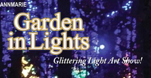 Text overlay on a colorful, illuminated background promoting the "Garden in Lights" glittering light art show.