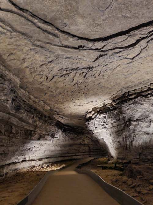 A dimly lit cave interior with a winding path and textured rock formations on the ceiling and walls.